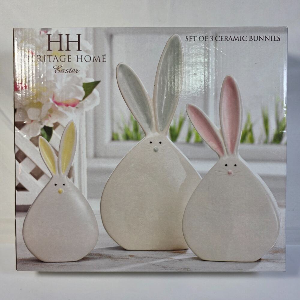 Heritage Home Easter Ceramic Bunny Rabbits Set of 3 White Pastel Decor